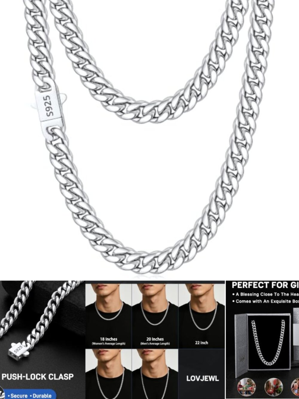 7mm Cuban Chain Necklace 18K Gold Plated 925 Sterling Silver Stainless Steel